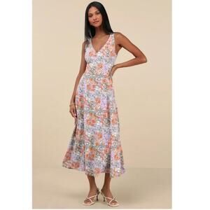 Lulus Your Only Darling Lavender Floral Print Sleeveless Midi Dress Size: L